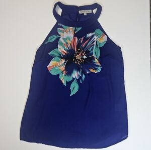 Rose & Thyme Blouse Womens XS‎ Blue Sleeveless Flower Graphic Classy Summer Top